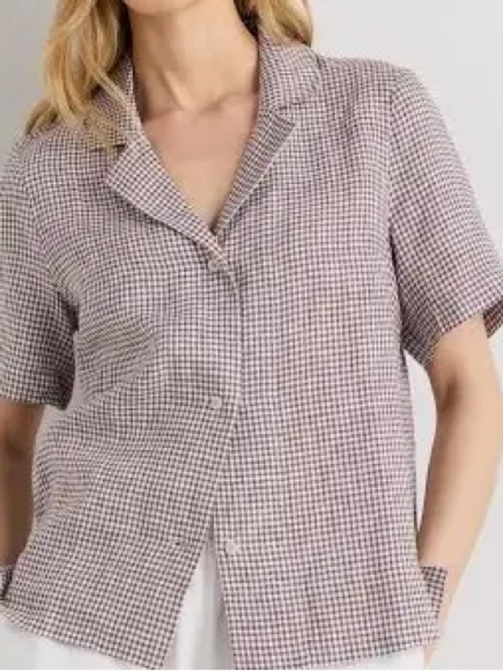 Quince 100% European Linen Short Sleeve Shirt Brown gingham size M